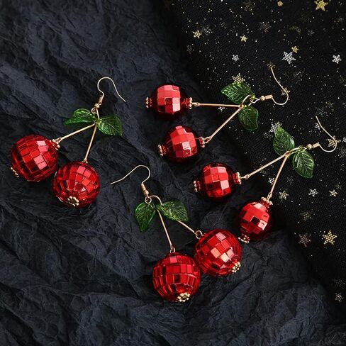 Cute Sweet Fruit Glitter Beads 3D Red Cherry Drop Earrings Disco Mirror Ball Earrings for Women Girls Dancing Party Jewelry in Saudi Arabia