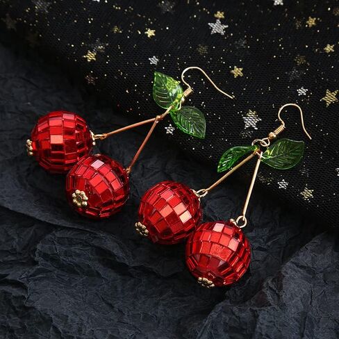 Cute Sweet Fruit Glitter Beads 3D Red Cherry Drop Earrings Disco Mirror Ball Earrings for Women Girls Dancing Party Jewelry in Saudi Arabia
