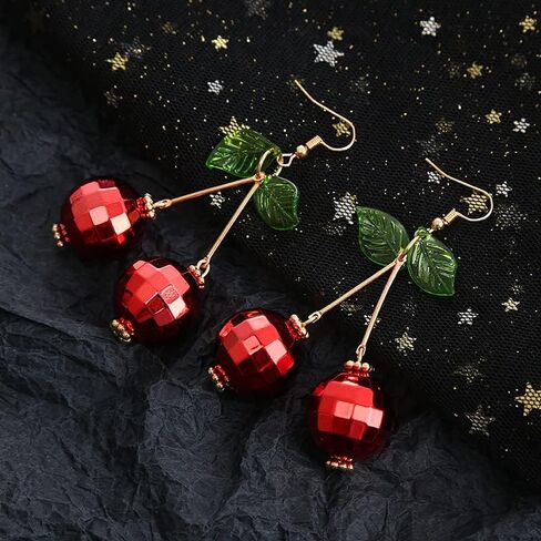 Cute Sweet Fruit Glitter Beads 3D Red Cherry Drop Earrings Disco Mirror Ball Earrings for Women Girls Dancing Party Jewelry in Saudi Arabia