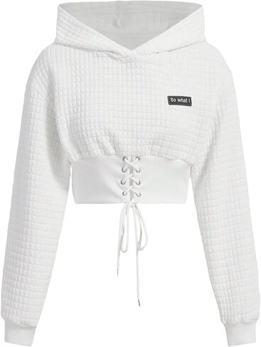 GORGLITTER Women's Graphic Letter Crew Neck Hoodie Long Sleeve Lace Up Crop Hooded Sweatshirt in Saudi Arabia