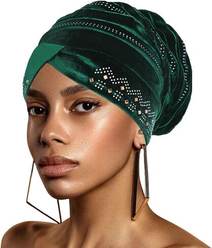Yeilhile African Pre-Tied Headwraps Crystal Knotted Head Wrap Scarf Pleated Velvet Stretchy Daily Prom Turban Beanie Caps for Women in Kuwait