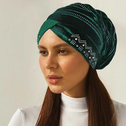 Yeilhile African Pre-Tied Headwraps Crystal Knotted Head Wrap Scarf Pleated Velvet Stretchy Daily Prom Turban Beanie Caps for Women in Kuwait