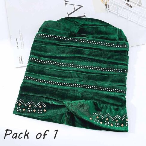 Yeilhile African Pre-Tied Headwraps Crystal Knotted Head Wrap Scarf Pleated Velvet Stretchy Daily Prom Turban Beanie Caps for Women in Kuwait