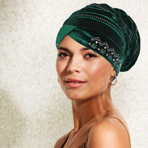 Yeilhile African Pre-Tied Headwraps Crystal Knotted Head Wrap Scarf Pleated Velvet Stretchy Daily Prom Turban Beanie Caps for Women in Kuwait