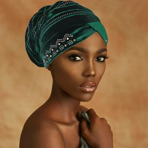Yeilhile African Pre-Tied Headwraps Crystal Knotted Head Wrap Scarf Pleated Velvet Stretchy Daily Prom Turban Beanie Caps for Women in Kuwait