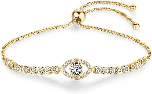 Solid 14K Gold Over 925 Silver Moissanite Evil Eye Bracelet for Women,Dainty Round Cut Moissanite Devil’s Eye Chain Bracelet,Lucky Jewelry Gift for Her,Adjustable 8" to 10" in Saudi Arabia