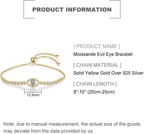 Solid 14K Gold Over 925 Silver Moissanite Evil Eye Bracelet for Women,Dainty Round Cut Moissanite Devil’s Eye Chain Bracelet,Lucky Jewelry Gift for Her,Adjustable 8" to 10" in Saudi Arabia