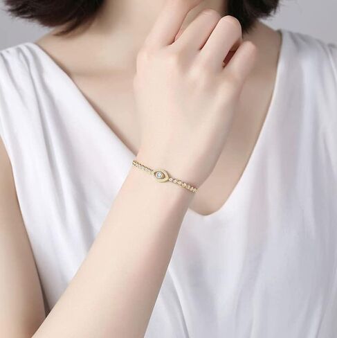 Solid 14K Gold Over 925 Silver Moissanite Evil Eye Bracelet for Women,Dainty Round Cut Moissanite Devil’s Eye Chain Bracelet,Lucky Jewelry Gift for Her,Adjustable 8" to 10" in Saudi Arabia
