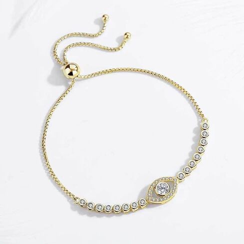 Solid 14K Gold Over 925 Silver Moissanite Evil Eye Bracelet for Women,Dainty Round Cut Moissanite Devil’s Eye Chain Bracelet,Lucky Jewelry Gift for Her,Adjustable 8" to 10" in Saudi Arabia
