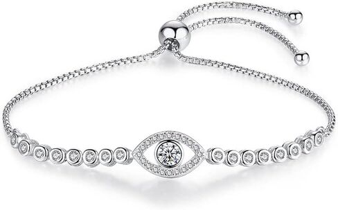 Solid 14K Gold Over 925 Silver Moissanite Evil Eye Bracelet for Women,Dainty Round Cut Moissanite Devil’s Eye Chain Bracelet,Lucky Jewelry Gift for Her,Adjustable 8" to 10" in Saudi Arabia
