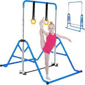 Gymnastics Horizontal Bar, Junior Training Kip Bar Gymnastics Equipment for Home, Adjustable Telescopic Height Folding Horizontal Bar with Gymnastic Rings for 3-12 Years Old Kids