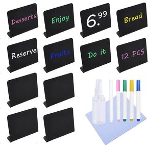 12 Pack Mini Chalkboard Message Signs, 4 x 3inch Reusable Acrylic Tabletop Buffet Tags Blackboard for Food Labels, Table Numbers, Place Cards Display, Weddings, Birthday Parties and Retail Label
