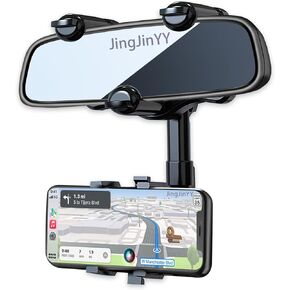 Rearview Mirror Phone Holder for Car, 360° Rotating Rear View Mount with Adjustable Arm Length, Multifunctional and GPS Universal Car All Smartphones