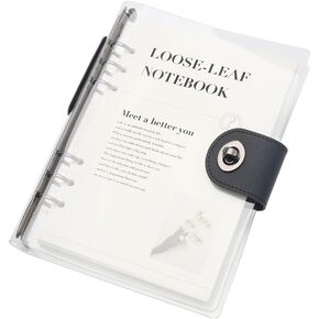 Clear A5 Refillable Notebook Binder with 90 Sheets Lined Paper Black 6-Ring Soft Transparent PVC Binder Cover Protector Shell Loose Leaf Journal Folders with PU Leather Lock Catch Closure