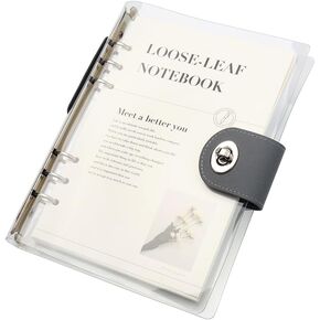 Clear A5 Refillable Notebook Binder with 90 Sheets Lined Paper Black 6-Ring Soft Transparent PVC Binder Cover Protector Shell Loose Leaf Journal Folders with PU Leather Lock Catch Closure