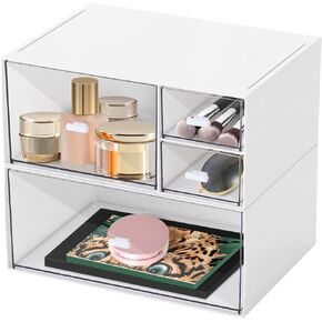 Desk Storage Box with 4 Drawers, Stackable Organizer Drawers, Clear Plastic Desktop Organizer for Bathroom Home Dorm Office, 2 Tiers, Matte White in Kuwait