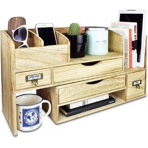 Ikee Design Large Adjustable Wooden Desktop Organizer for Office Supplies, Storage Shelf Rack Book Shelf, Stationary Compartment Holder, Back to School, Coffee Color