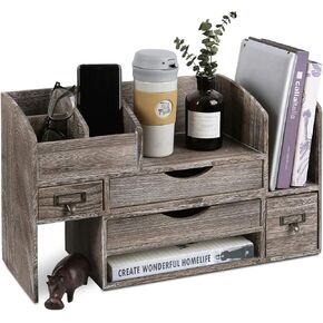 Ikee Design Large Adjustable Wooden Desktop Organizer for Office Supplies, Storage Shelf Rack Book Shelf, Stationary Compartment Holder, Back to School, Coffee Color