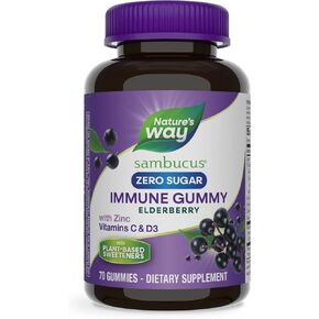 Nature’s Way Sambucus Zero Sugar Immune Gummies, Daily Immune Support*, Black Elderberry Extract, Vitamin C, Vitamin D3, Zinc, Plant-Based Sweeteners, 70 Gummies