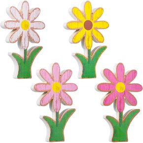 4 Pcs Wooden Flower Shelf Sitter Retro Daisy Standing Tabletop Decor Rustic Daisy Decorations Wood Tiered Tray Sign Daisy Centerpiece Floral Block for Spring Easter Party(Classic Color) in Saudi Arabia