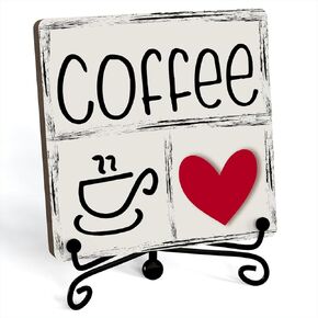 Funny Coffee Signs, Coffee Heart Sign, Funny Coffee Bar Desk Decor, Coffee Signs For Coffee Station, Coffee Shelf Decor, Farmhouse Rustic Wooden Plaque With Stand (C16)