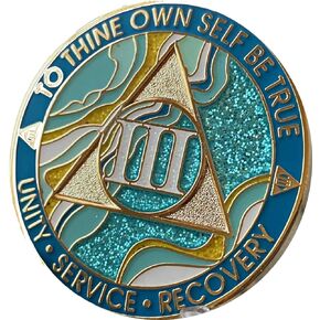 3 Year AA Medallion Elegant Marble Caribbean Aqua Glitter Blue Gold Plated Chip