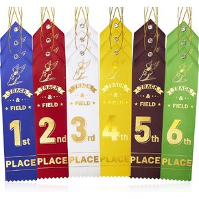 72 Pcs Track and Field Ribbons Award Ribbons Field Day Ribbons 1st to 6th Place Prize Ribbons with Event Card and Rope for Competition Contest School Sports Event