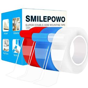 SmilePowo Double Sided Tapes Heavy Duty 3 Pack Extra Thick and Super Adhesion Multipurpose Removable Nano Adhesive Mounting Tape Reusable Super Sticky Wall Transparent Tape Poster Carpet Tape(36ft)