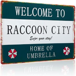 لافتة معدنية من القصدير شخصية ريترو مقيم مرحبًا بكم في مدينة الراكون، لافتة مظلة للمنزل، لافتة حديد من المواد المنزلية، علامة تزيين معدنية أنيقة، 12 * 8 بوصة in Kuwait