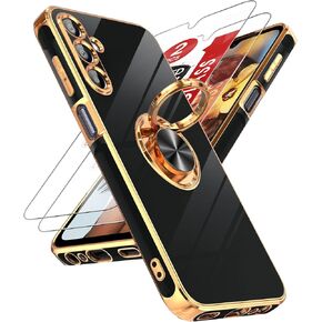 LeYi for Samsung Galaxy A16-5G Case: with 2 Pack Tempered Glass Screen Protector and 360° Rotatable Ring Holder Magnetic Kickstand, Plating Rose Gold Edge para Galaxy A 16 5G Case, Black