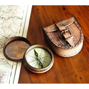 Antiqued Brass Poem Compass with Brown Leather Case Free Rustic Vintage Home Decor Gifts