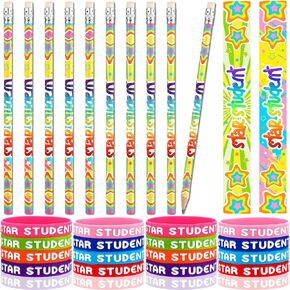 Eaasty 32 Pcs Student Recognition Award 16 Pcs Star Student Wristbands 16 Pcs Student Pencils Happy Birthday Silicone Wristbands Pencils for Classroom School Gifts(Star Style)