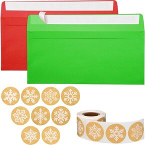 100 Pieces Number 10 Envelopes Gift Card Envelopes with 200 Pieces Christmas Kraft Snowflake Stickers Valentine's Day Stickers for Festive Letters Holiday Mail Gift Supplies (Classic Style)
