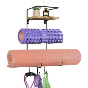 Yoga Mat Holder Wall Mount, Yoga Mat Storage Rack for Home Gym Accessories Organizer with Wood Floating Shelves and 3 Hooks for Hanging Foam Roller, Resistance Bands and Towel in Kuwait