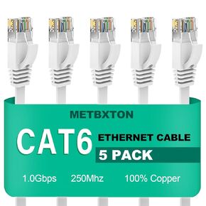 كابل إيثرنت Cat 6 بطول 1 قدم 5 حزم كابل شبكة مسطح عالي السرعة مع موصلات Rj45، كابل إنترنت قصير للوحة التصحيح، التبديل - أبيض