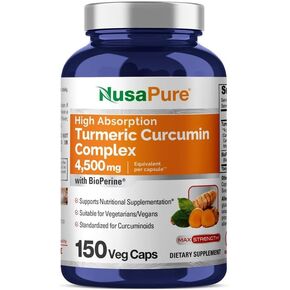 NusaPure Turmeric Curcumin Complex 4,500mg per caps, 150 caps, Non-GMO, Gluten-Free, Vegan, Bioperine