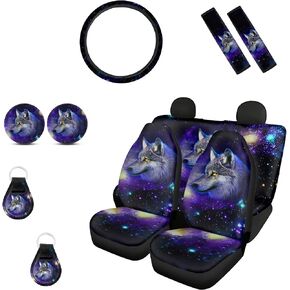Babrukda 11pcs Galaxy Wolf Car Interior Accessiores Auto Front Seat Cover Rear Split Bench Cover, Steering Wheel Cover, Seat Belt Pads Cover, Coasters, Keychain, Dirtyproof for Most SUV Van Sedan