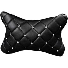 Rhombus Pattern 1pcs with White Rhinestones Decor Neck Cushion Pillow Support Black Crystal Leather Car Headrest