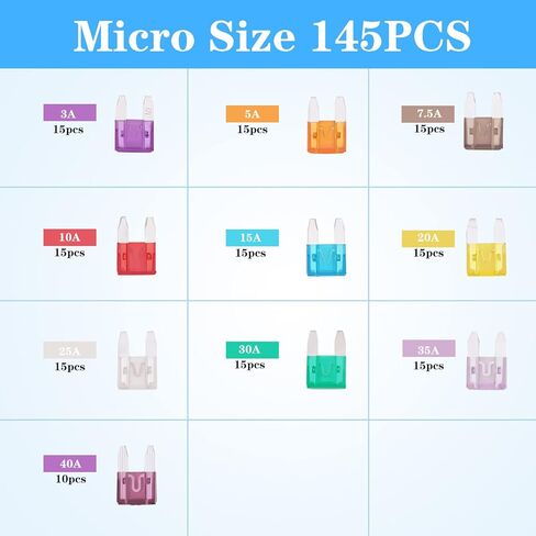 مجموعة متنوعة من 145 قطعة من صمامات السيارة، صمامات السيارات من نوع الشفرة، صمامات السيارات - صغيرة (3A 5A 7.5A 10A 15A 20A 25A 30A 35A 40A) للسيارة/SUV/RV/الشاحنة/السيارات/الدراجات النارية/القارب in Kuwait