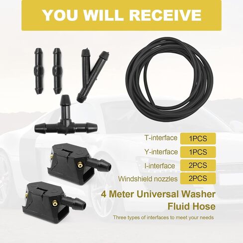 7 in 1 Windshield Washer Nozzle Kit with 4M Washer Fluid Hose and 4 Pcs Hose Connectors, 8mm Universal 4 Holes Arm Mounted Washer Nozzles, Suitable for Most Windshield Washer Nozzle Installation in Saudi Arabia