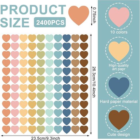 Whaline 2400Pcs Boho Heart Mini Sticker 10 Colors Paper Decals Colorful Self-Adhesive Sticker Labels for Classroom Envelopes Seals Scrapbook Gifts DIY Supplies, 0.75 in in Kuwait
