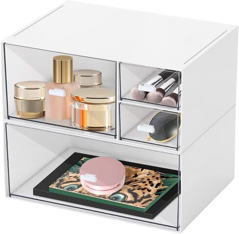 Desk Storage Box with 4 Drawers, Stackable Organizer Drawers, Clear Plastic Desktop Organizer for Bathroom Home Dorm Office, 2 Tiers, Matte White in Kuwait