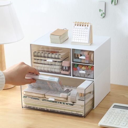 Desk Storage Box with 4 Drawers, Stackable Organizer Drawers, Clear Plastic Desktop Organizer for Bathroom Home Dorm Office, 2 Tiers, Matte White in Kuwait