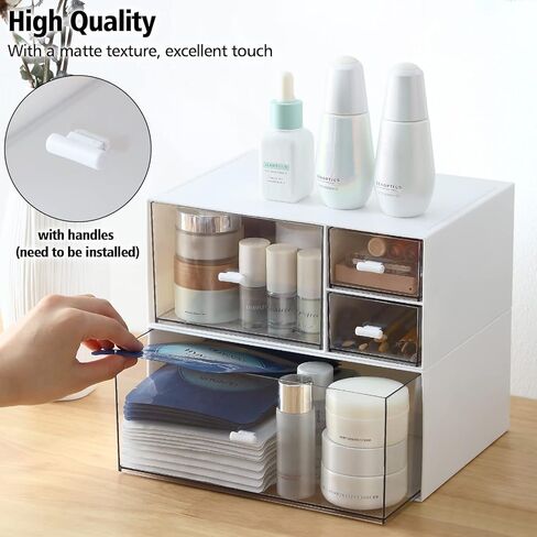 Desk Storage Box with 4 Drawers, Stackable Organizer Drawers, Clear Plastic Desktop Organizer for Bathroom Home Dorm Office, 2 Tiers, Matte White in Kuwait