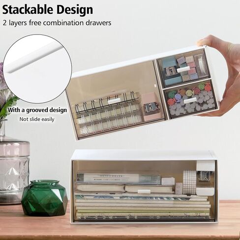 Desk Storage Box with 4 Drawers, Stackable Organizer Drawers, Clear Plastic Desktop Organizer for Bathroom Home Dorm Office, 2 Tiers, Matte White in Kuwait