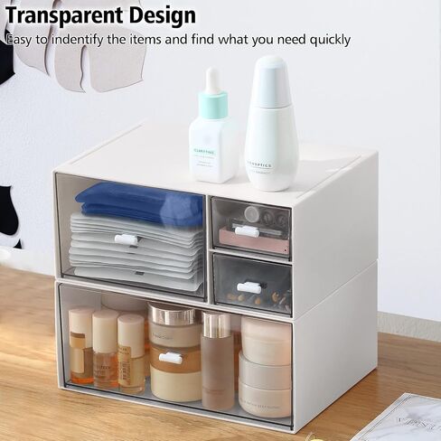 Desk Storage Box with 4 Drawers, Stackable Organizer Drawers, Clear Plastic Desktop Organizer for Bathroom Home Dorm Office, 2 Tiers, Matte White in Kuwait