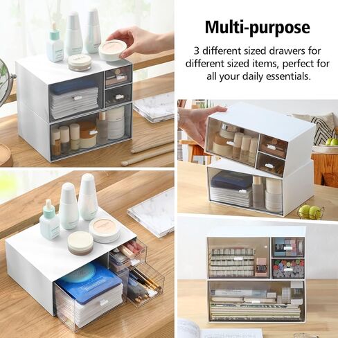 Desk Storage Box with 4 Drawers, Stackable Organizer Drawers, Clear Plastic Desktop Organizer for Bathroom Home Dorm Office, 2 Tiers, Matte White in Kuwait