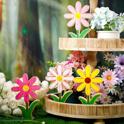 4 Pcs Wooden Flower Shelf Sitter Retro Daisy Standing Tabletop Decor Rustic Daisy Decorations Wood Tiered Tray Sign Daisy Centerpiece Floral Block for Spring Easter Party(Classic Color) in Saudi Arabia