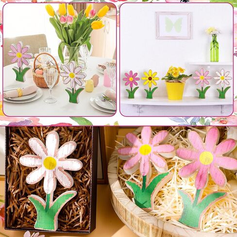 4 Pcs Wooden Flower Shelf Sitter Retro Daisy Standing Tabletop Decor Rustic Daisy Decorations Wood Tiered Tray Sign Daisy Centerpiece Floral Block for Spring Easter Party(Classic Color) in Saudi Arabia