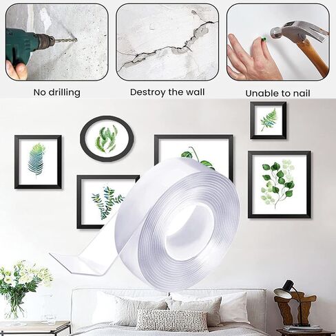 شريط مزدوج الجوانب للجدران، شريط تثبيت قابل للإزالة وشديد التحمل - لاصق قوي، قابل للغسل وقابل لإعادة الاستخدام - شريط حائط لتزيين السجاد بالصور - بكرة شريط 6.56 قدم، 1.18 بوصة in Kuwait